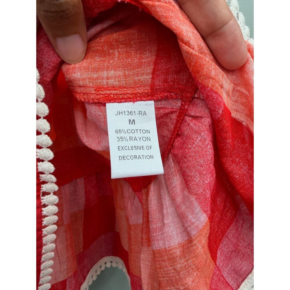 NWT Stunning THML Red & Orange Plaid Sleeveless Ruffle Neck Blouse - Picture 6 of 9